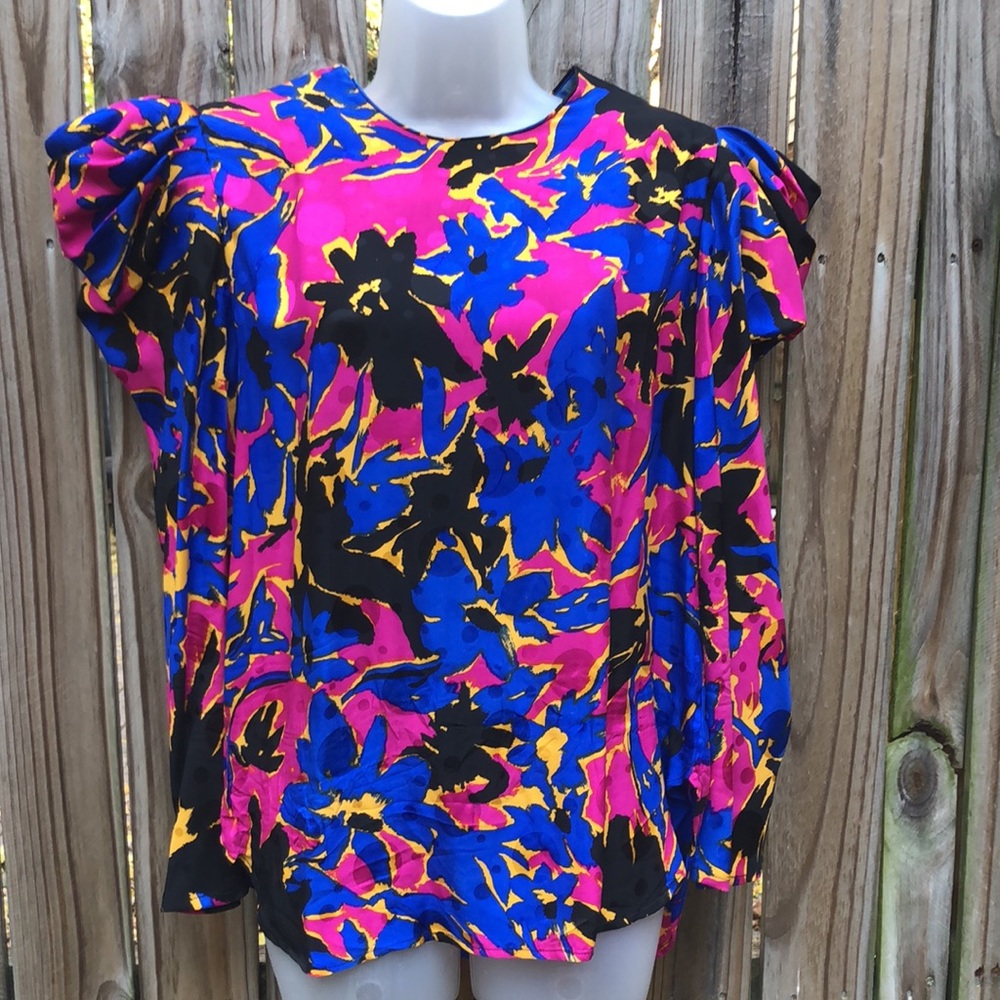 VTG Celebrity Designer Flora Kung 100% Silk Puff Sleeve Abstract  Floral Blouse